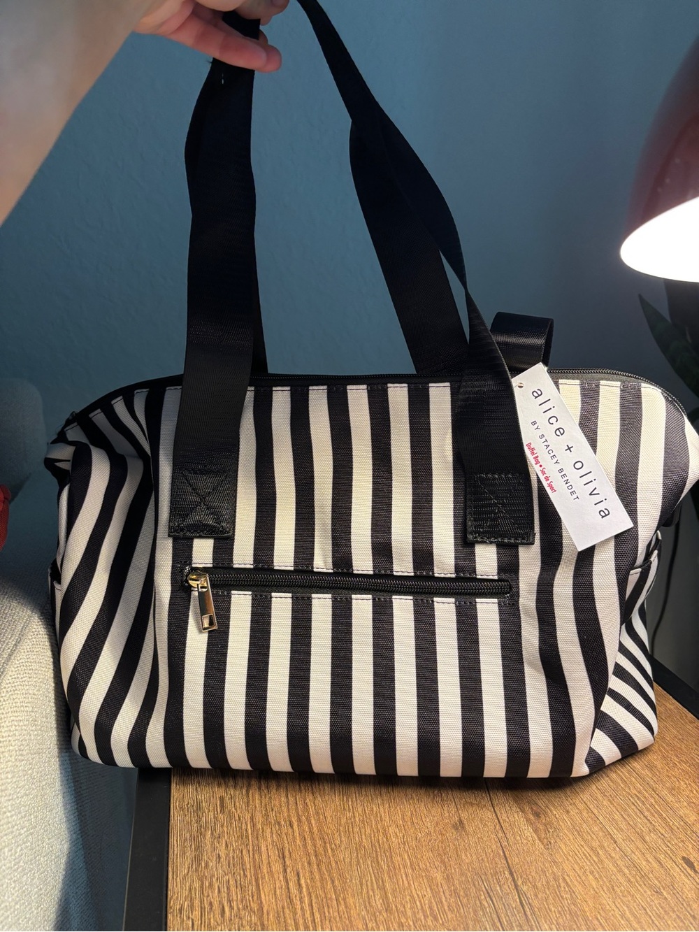NWT Alice + Olivia Black and White Vertical Stripe Tote